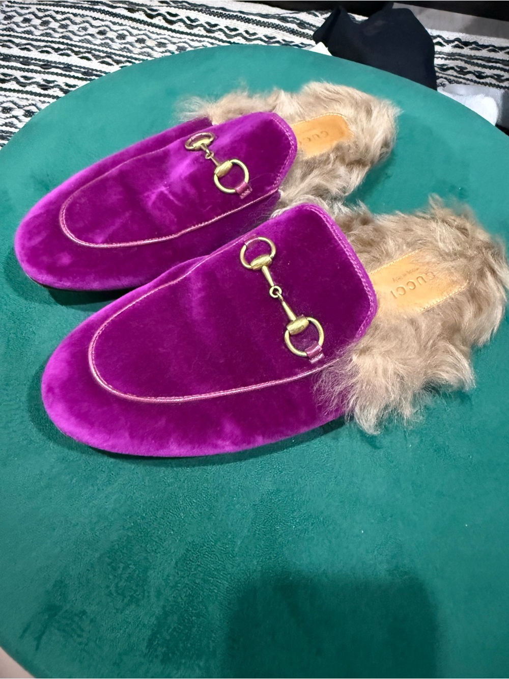 Gucci Fuchsia Velvet Fur-Lined Horsebit Mules